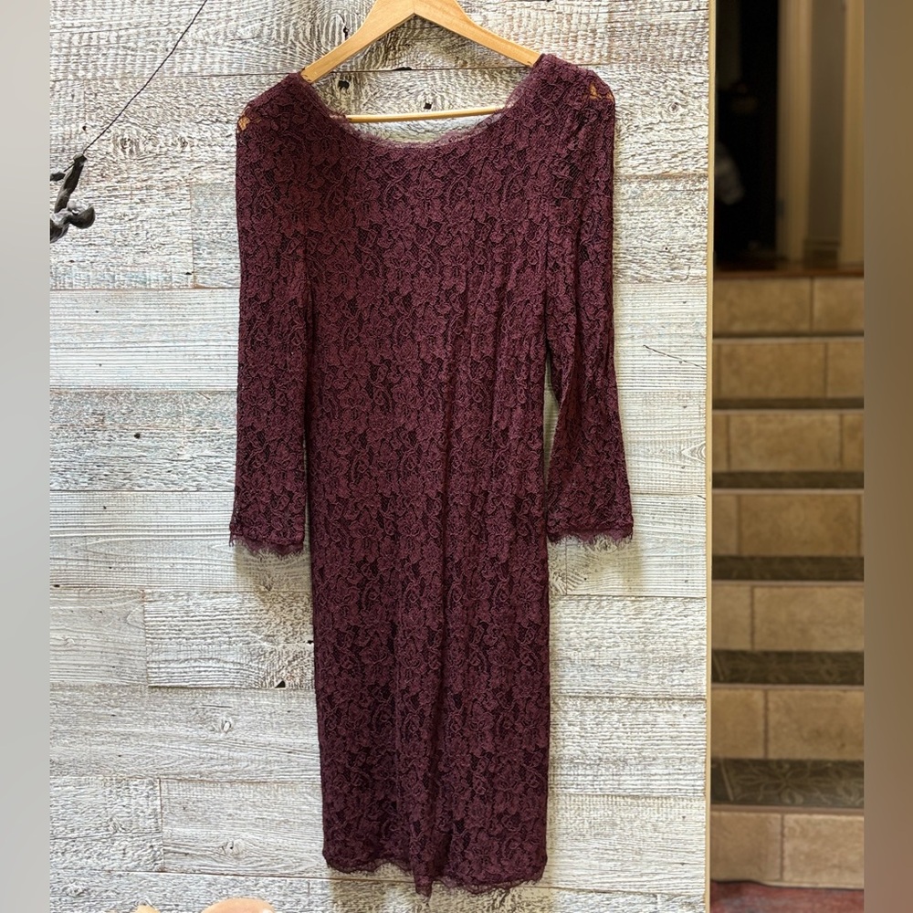 🏷 Babaton | Elegant Scoop Neck 3/4-Sleeve Lace Midi Dress - 10, Burgundy